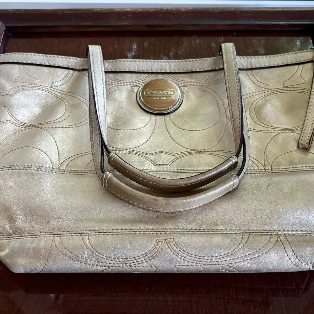 Coach F18877 Gold Metallic Signature Stitch Leather Tote 2011